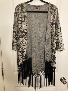 Fever Womens Floral Velvet Burnout Fringe Cardigan Black XL Whimsigoth Witchy